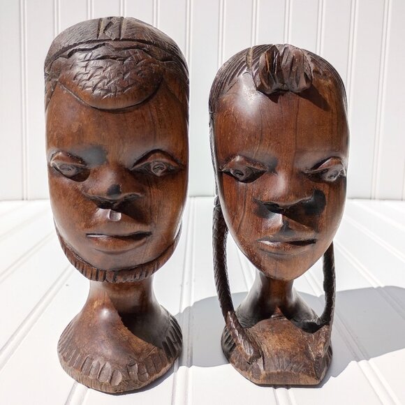 African Tribal Faces Statues Bookends Heavy Ironwood Sculptures Native Carved - Picture 1 of 11
